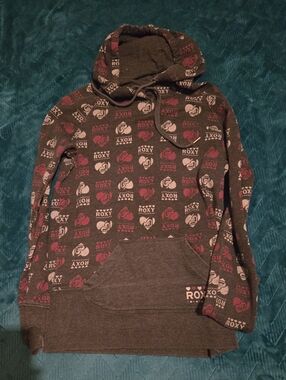 Roxy Charcoal Hoodie with Pink & White Logo Pattern
